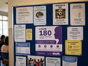 Cartaz do Ligue 180 informando canal de denúncia de violência contra a mulher