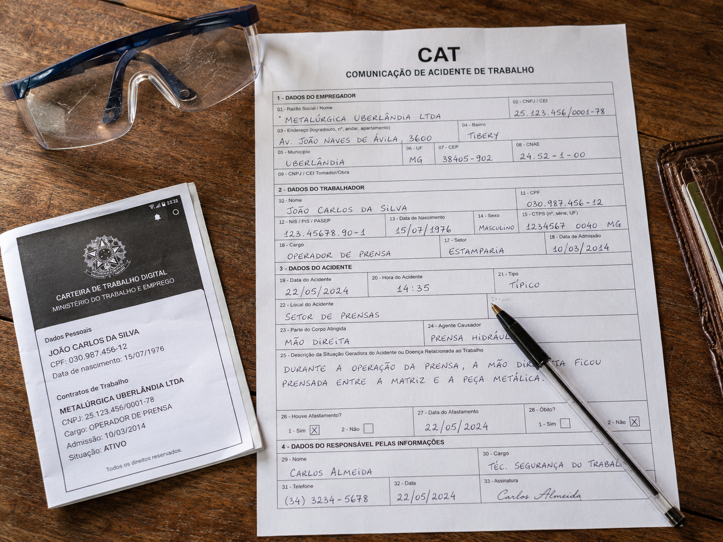 Documento da CAT (Comunicação de Acidente de Trabalho) preenchido para INSS