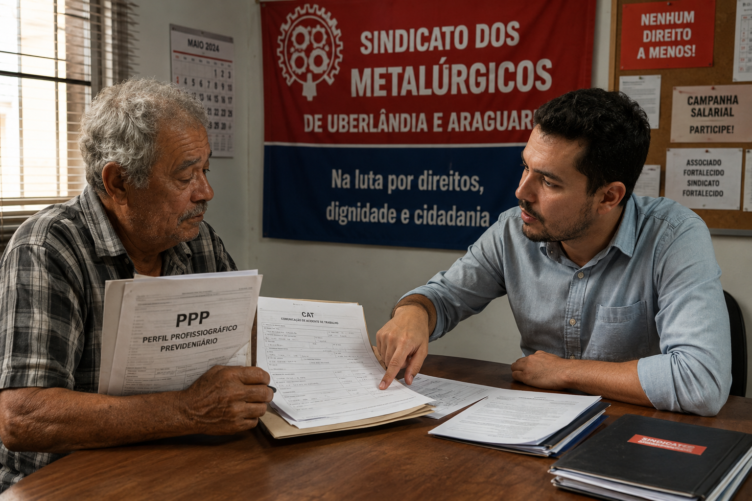 Trabalhador recebendo orientação jurídica gratuita no Sindicato dos Metalúrgicos de Uberlândia e Araguari