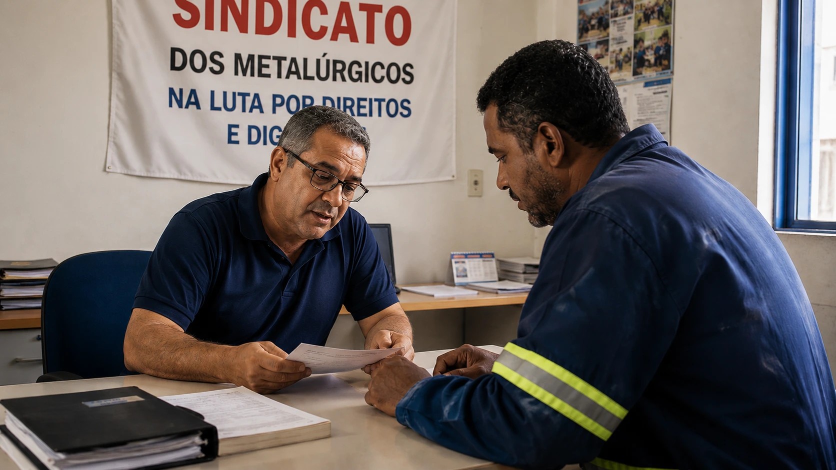 Representante do Sindicato dos Metalúrgicos orienta trabalhador sobre desvio de função em atendimento presencial na sede