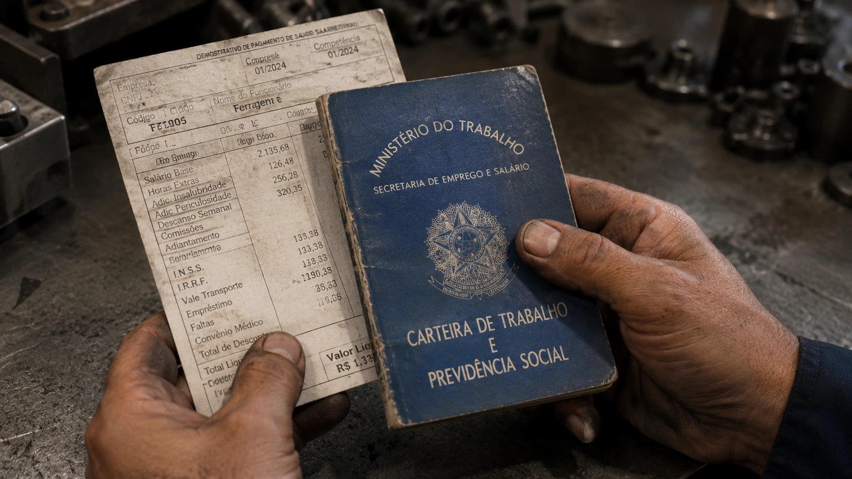 Mãos de trabalhador metalúrgico segurando carteira de trabalho e contracheque com itens como salário base, horas extras e adicional de insalubridade