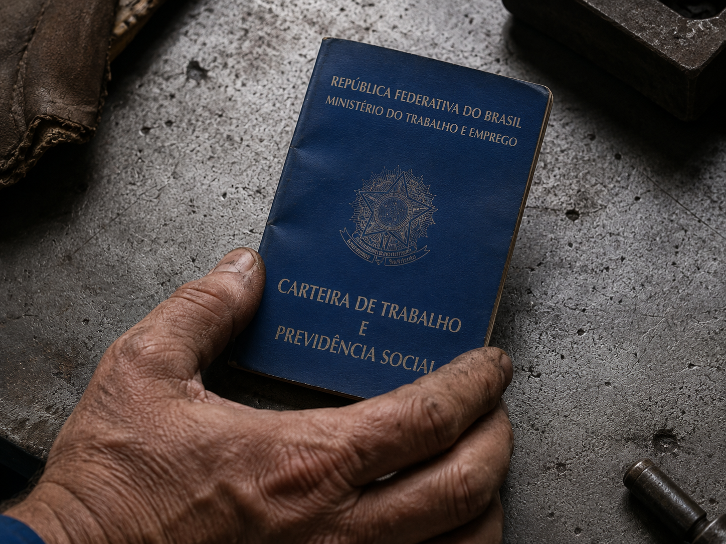 Mãos de metalúrgico seguram a carteira de trabalho, símbolo dos direitos trabalhistas perdidos na pejotização