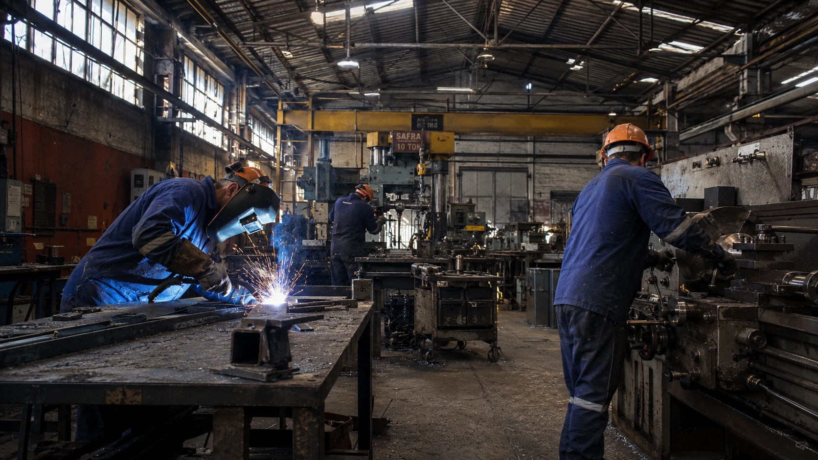 Metalúrgicos soldando e operando torno no chão de fábrica, contexto dos direitos trabalhistas da categoria em Uberlândia