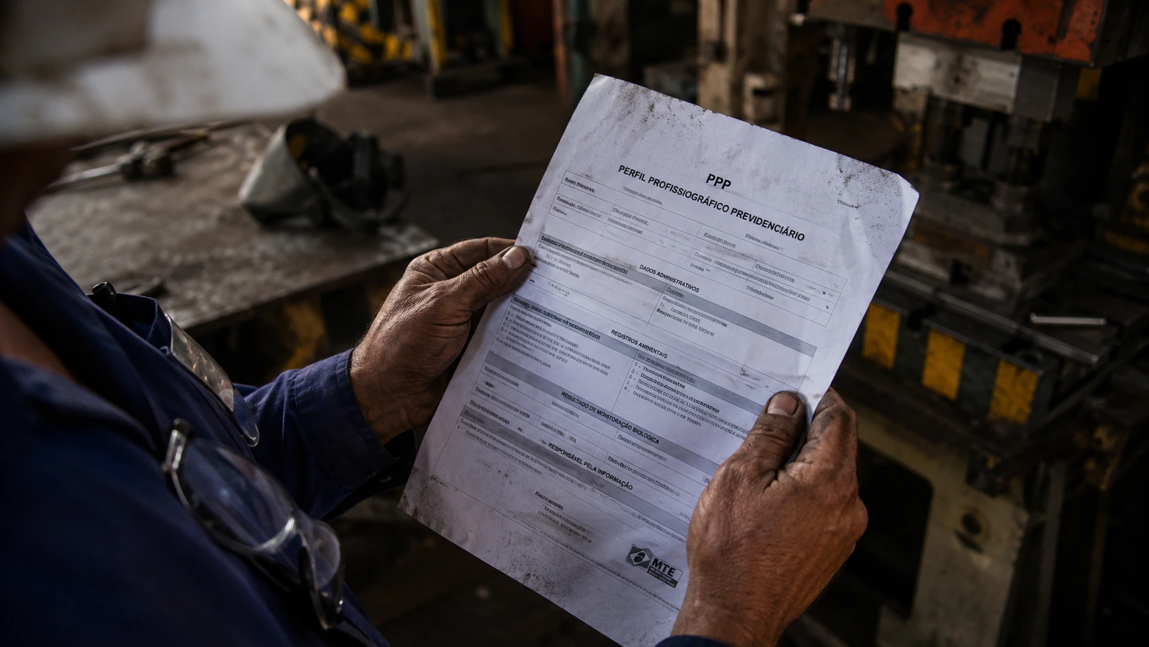 Trabalhador metalúrgico em Uberlândia analisando seu PPP no chão de fábrica antes do mutirão da aposentadoria
