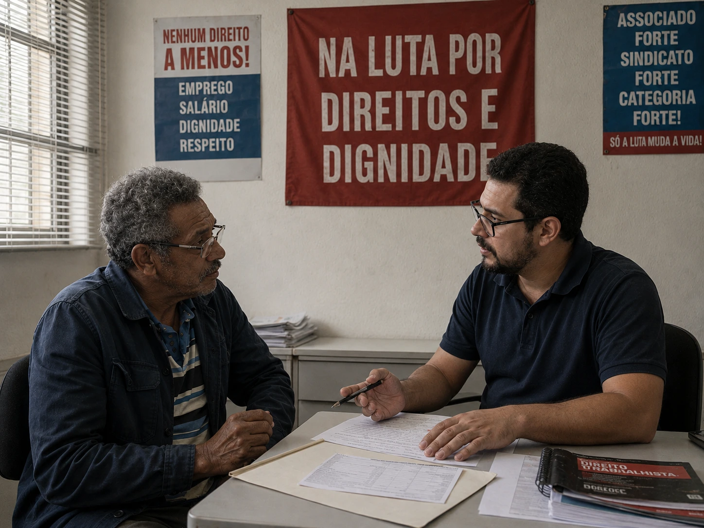 Metalúrgico recebendo orientação sobre direitos trabalhistas no Sindicato dos Metalúrgicos de Uberlândia e Araguari