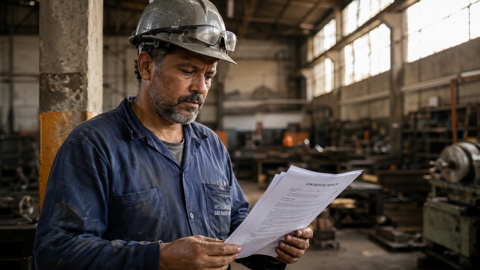 Metalúrgico analisa contrato de trabalho na fábrica avaliando os riscos da pejotização