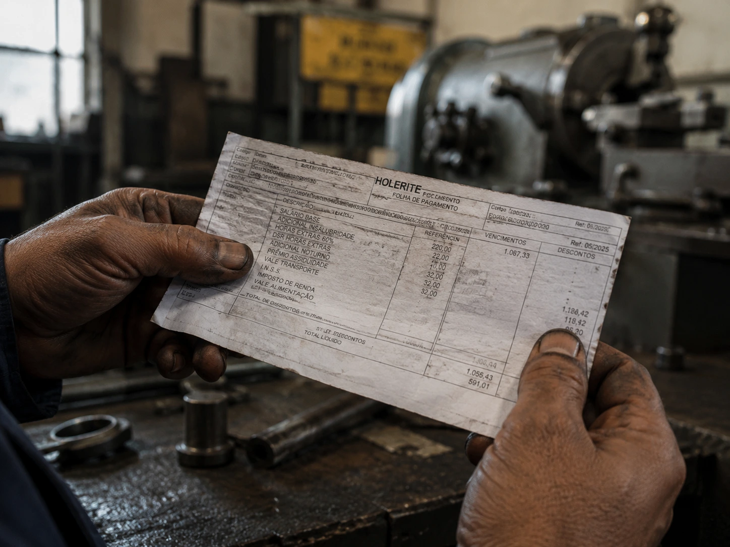 Mãos de metalúrgico conferindo o holerite com adicional de insalubridade e noturno, valores que entram na base do terço constitucional das férias