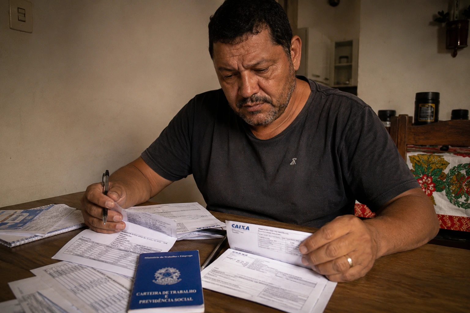 Metalúrgico conferindo holerites e a carteira de trabalho em casa antes de sacar o FGTS