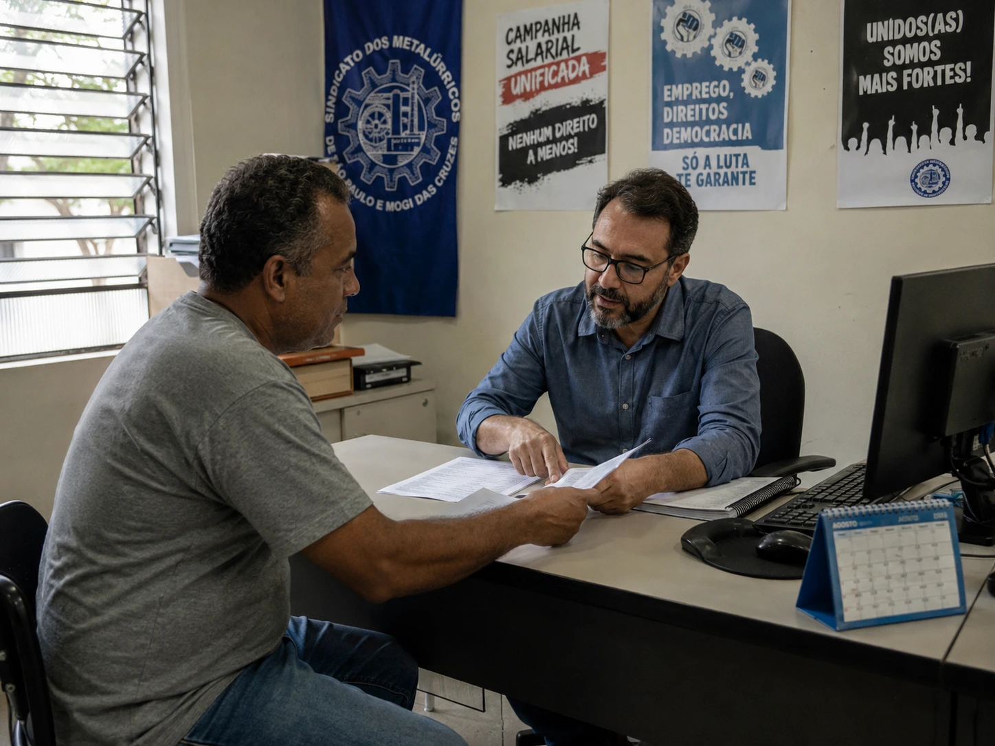 Metalúrgico recebendo orientação sobre o FGTS na assessoria jurídica do sindicato dos metalúrgicos