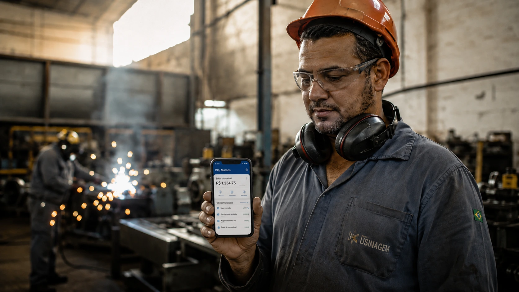 Metalúrgico consultando o saldo do FGTS pelo celular dentro da fábrica