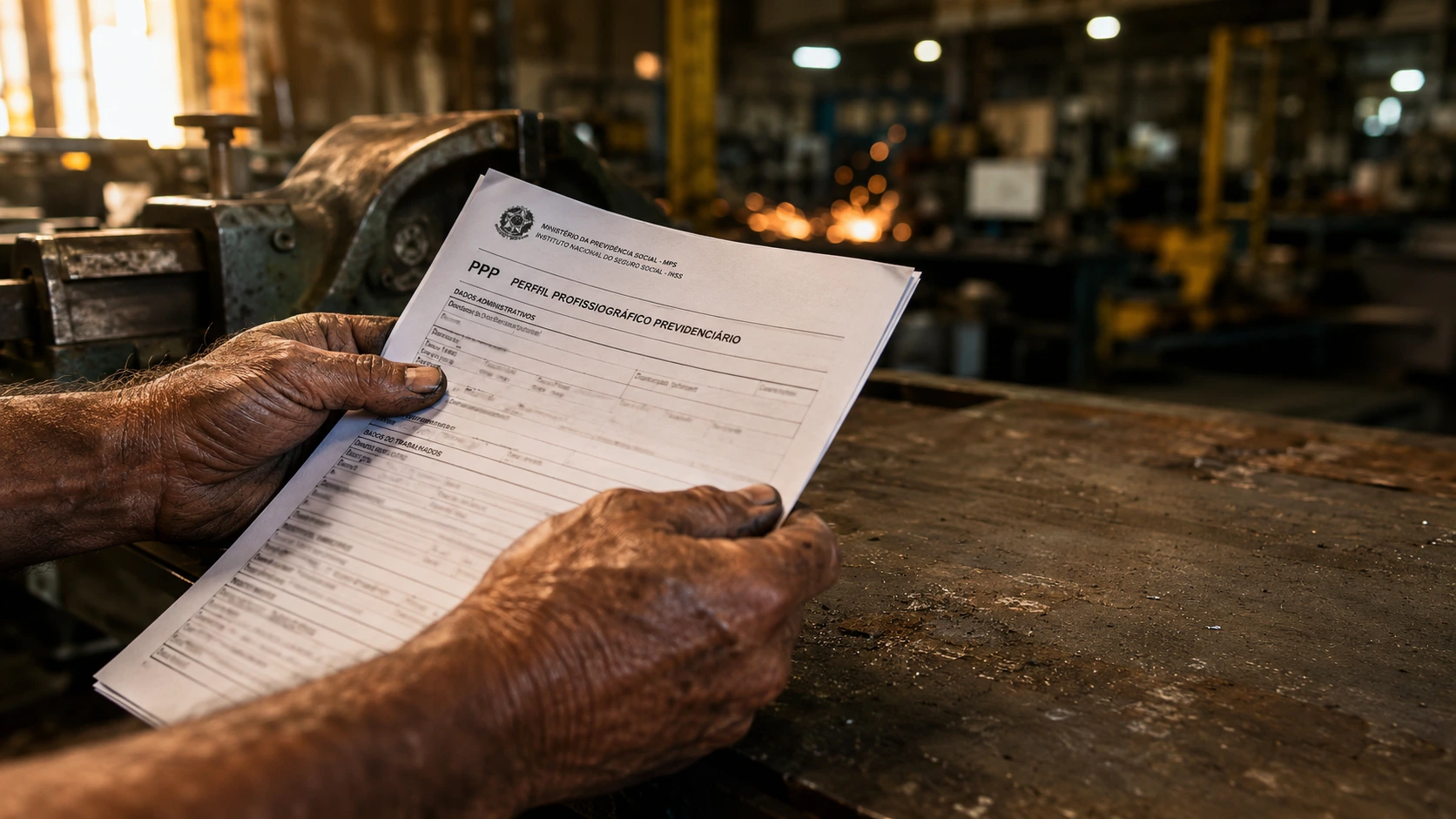 Mãos calejadas de metalúrgico segurando o Perfil Profissiográfico Previdenciário (PPP) impresso no chão de fábrica