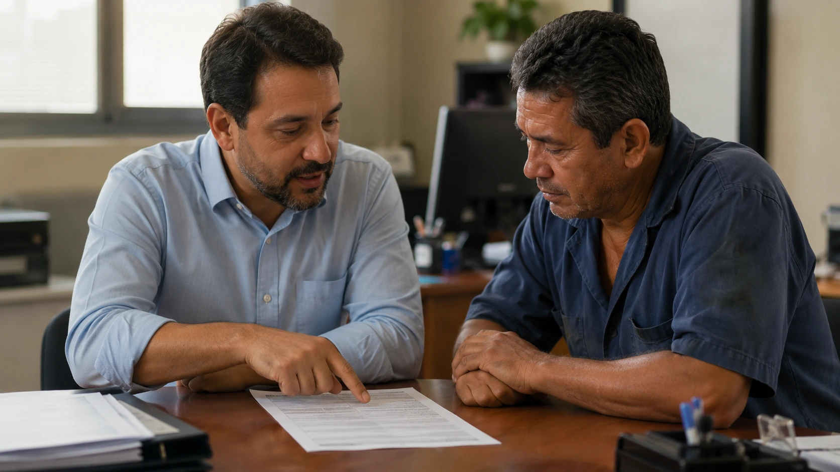 Orientador do Sindicato dos Metalúrgicos apontando detalhes do PPP para um trabalhador durante atendimento sobre aposentadoria especial
