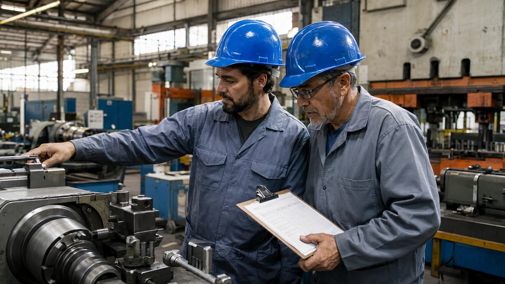 Membros da CIPA verificando condições de segurança em fábrica metalúrgica com capacete e prancheta