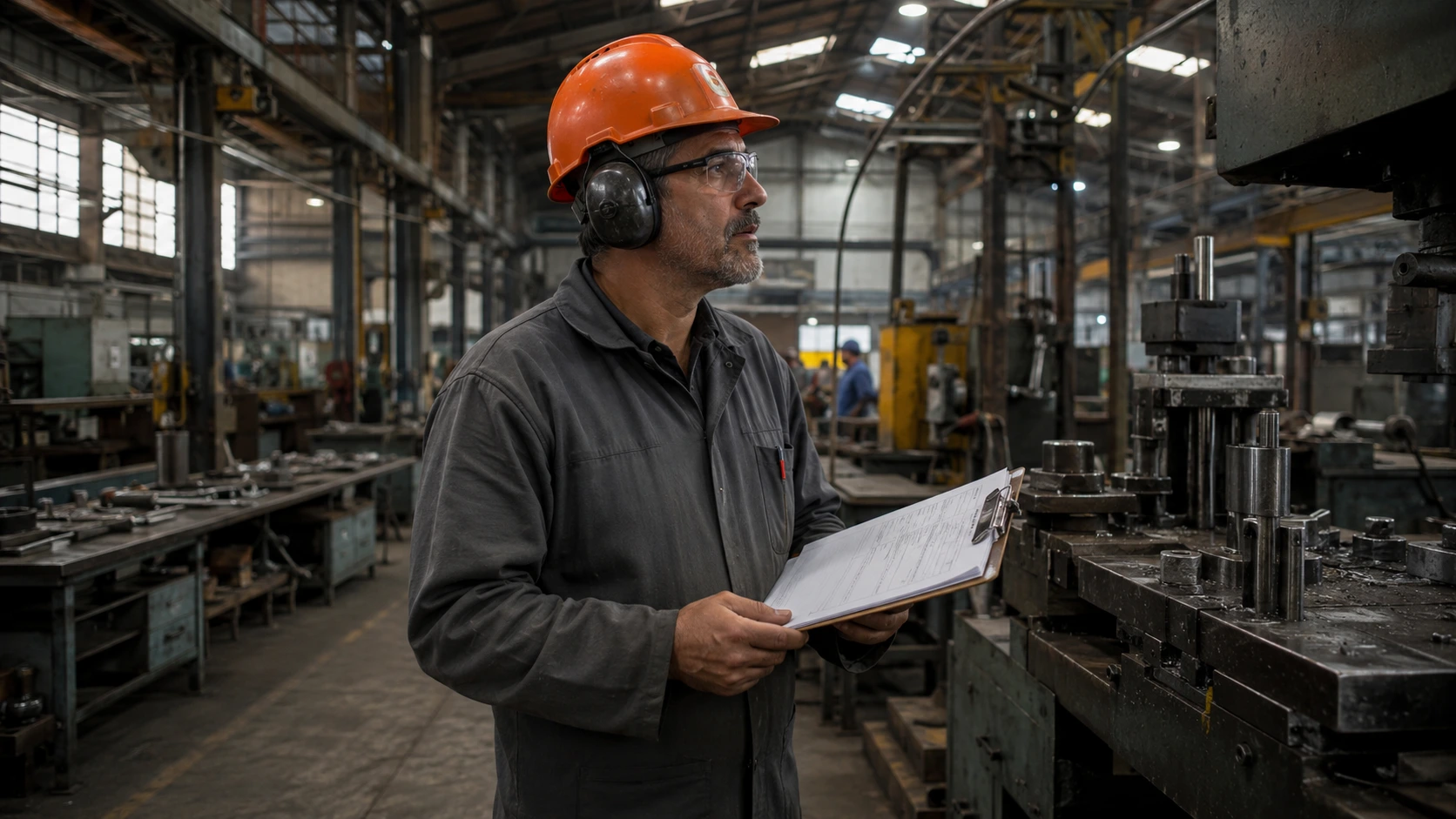 O que é a CIPA: trabalhador metalúrgico com capacete e protetor auricular verificando ambiente de trabalho