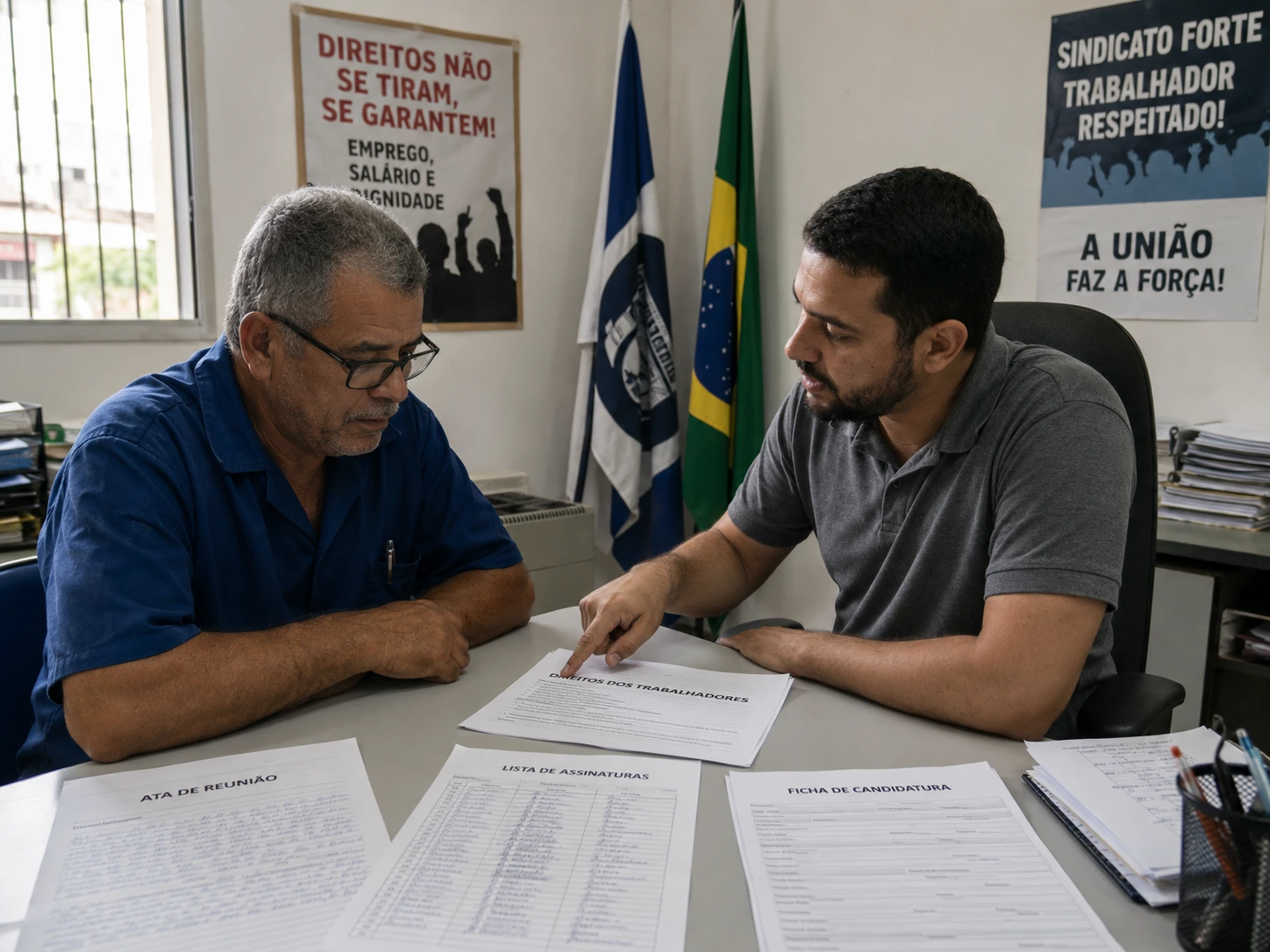 Trabalhador metalúrgico recebendo orientação sobre direitos da CIPA no sindicato de Uberlândia